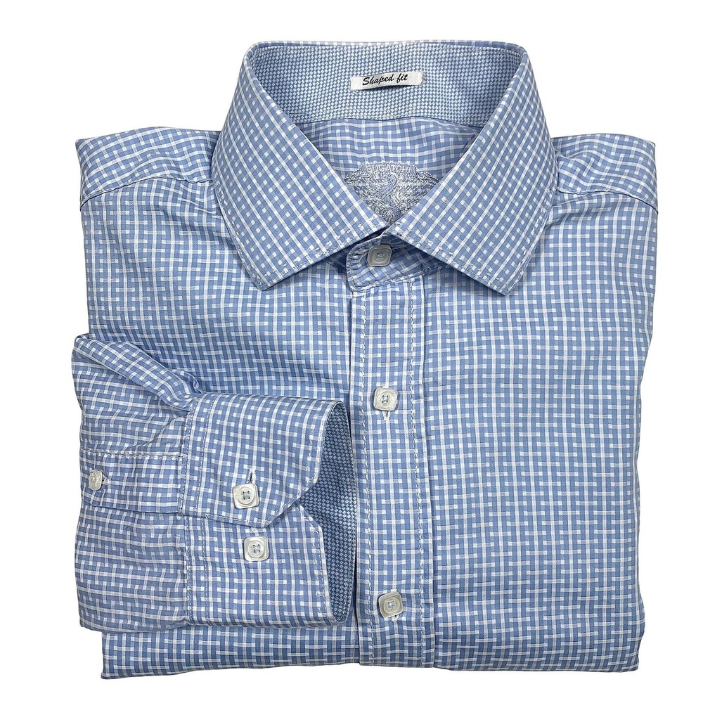 Bugatchi Button Down Shirt XL Mens Blue Checkered Shaped Fit Long Sleeve‎ Cotton